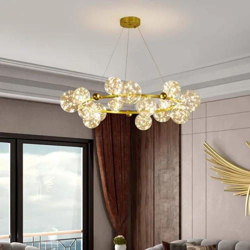 Vista 3 de Modern Glass Chandelier Led Source Spherical During Light Adjustable Height Round Ceiling Light Transparent Chandelier Lamp For Living Room