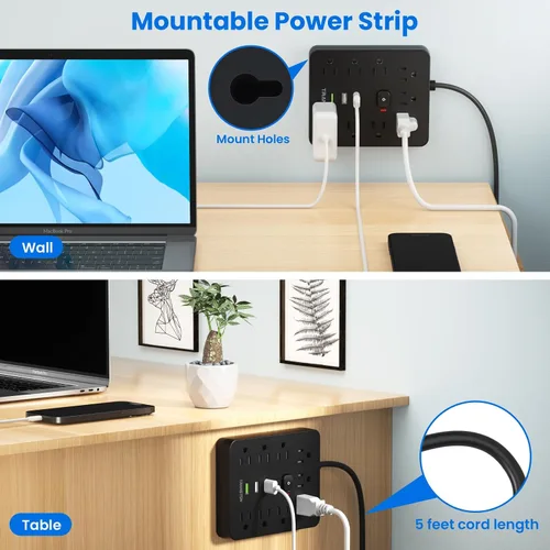 Vista 8 de Regleta protectora contra sobretensiones con 9 tomacorrientes, 3 puertos USB, estación de carga de escritorio ignífuga con enchufe plano