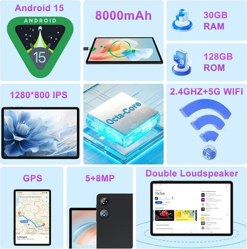 Vista 2 de Tableta de 10 pulgadas Android 15 con 30 GB de RAM 128 GB de ROM 1 TB de expansión, Tablets de 8000 mAh Octa-Core con teclado y ratón, pantalla HD