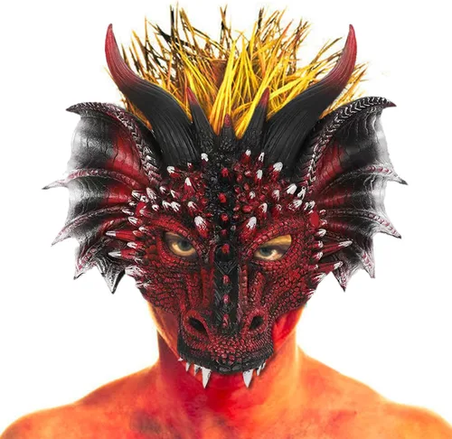 Vista 2 de Tandarui Máscara de dragón 3D, paquete de 2 unidades, disfraz de fiesta de Halloween, cosplay para adultos y hombres, máscaras de media cara