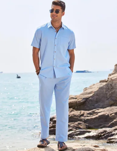 Vista 2 de COOFANDY Conjunto de 2 piezas de lino para hombre, conjunto de camisa y pantalón con botones para la playa
