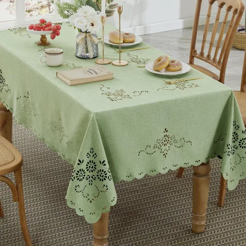 Vista 11 de Wracra Mantel redondo de macramé impermeable, estilo lino de granja, resistente a las arrugas, lavable, para interiores y exteriores