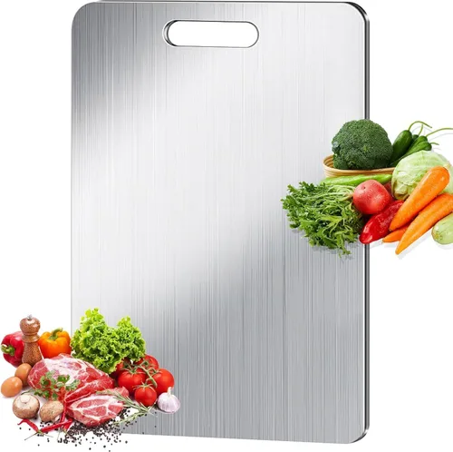 Vista 10 de Tabla de cortar de titanio para cocina, juego de tablas de cortar de acero inoxidable 304 para frutas, carne y verduras (12 x 8 pulgadas)