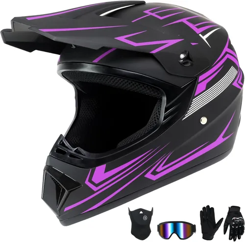 Vista 8 de Casco de motocross para niños jóvenes, casco de motocicleta todoterreno con (gafas, guantes, máscara), juego de 4 piezas, casco de cara completa