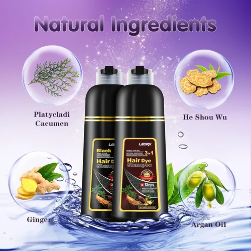 Vista 6 de Leorx Champú 3 en 1 para teñir el cabello marrón, color para refrescar el cabello, coloración herbaria instantánea para mujeres y hombres, 16.9