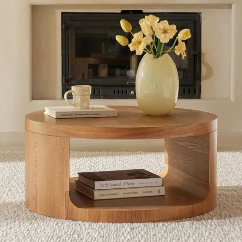 Vista 10 de Mesa auxiliar redonda con almacenamiento, mesa moderna de sala de estar de 31.5 pulgadas, mesas centrales de madera circulares de 2 niveles