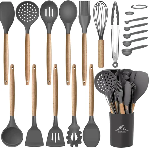 Vista 8 de MIBOTE Juego de utensilios de cocina de silicona con soporte, mangos de madera, pinzas para voltear, espátula, cuchara, utensilios de cocina