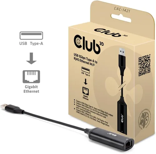 Vista 2 de Club 3D CAC-1421 USB 5Gbps Tipo-A a RJ45 Ethernet Adaptador M/F