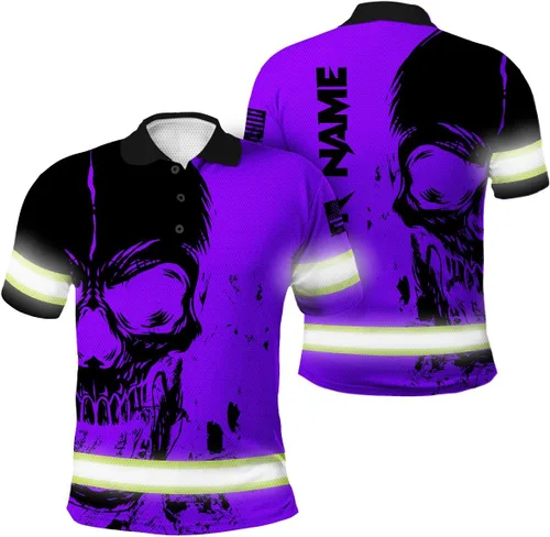 Vista 18 de Maddly Polo de alta visibilidad con diseño de calavera y bandera de Estados Unidos, ropa de trabajo patriótica con nombre personalizado