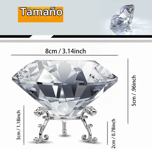 Vista 2 de MerryNine Bola de cristal transparente de 80 mm, K9, con base triangular plateada, peso de papel en forma de diamante para decoración de boda