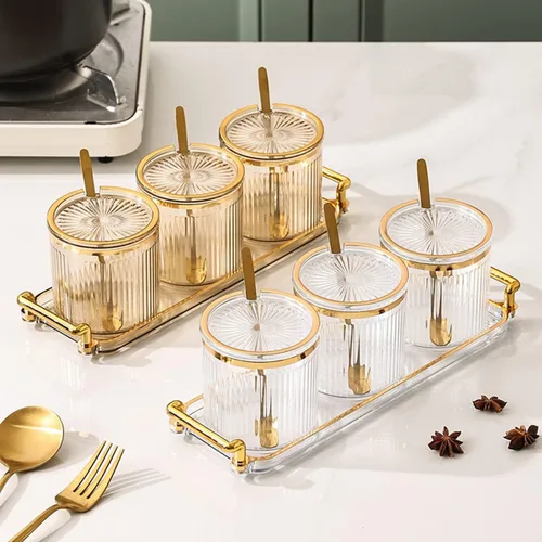 Vista 2 de Frascos Acrílicos para Condimentos y Especias, Caja de Condimentos y Especias con Tapas y Cucharas y Bandeja, Recipientes de Plástico Transparente