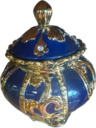 Vista 3 de Soperas para santos Cuencos decorativos de cerámica con tapa, azul, plateado, dorado, marrón (Amarilla)