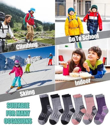 Vista 6 de LINEMIN Calcetines de senderismo de lana merino para niños y niñas, cálidos, gruesos, térmicos, acolchados, para invierno, 6 pares