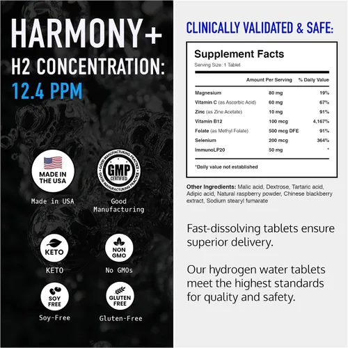 Vista 3 de DRINK HRW Harmony+ - Tabletas de agua de hidrógeno molecular, fórmula profesional de rejuvenecimiento completo H2 de 12.4 ppm + inmunoLP20