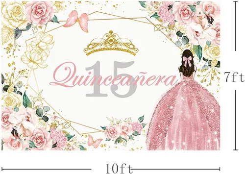 Vista 5 de Sendy SENDY - Telón de fondo de quinceañera para cumpleaños de 15 años de 10 x 7 pies para fiesta de Sweet Girl Mis Quince Anos, color rosa dorado
