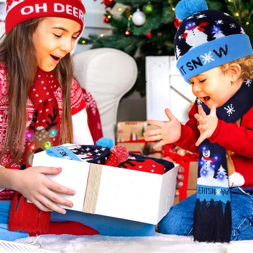 Vista 7 de Juego de 4 sombreros de Navidad con luz LED y bufanda iluminada, gorro de punto de Navidad, bufanda LED