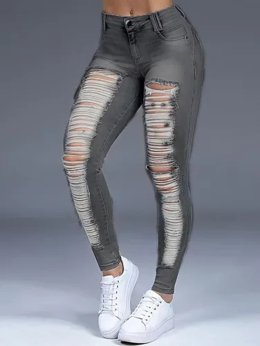 Vista 2 de Flamingals Jeans ajustados de tiro medio para mujer, elásticos, rasgados, con levantamiento de glúteos, desgastados, sexy, jeggings de mezclilla