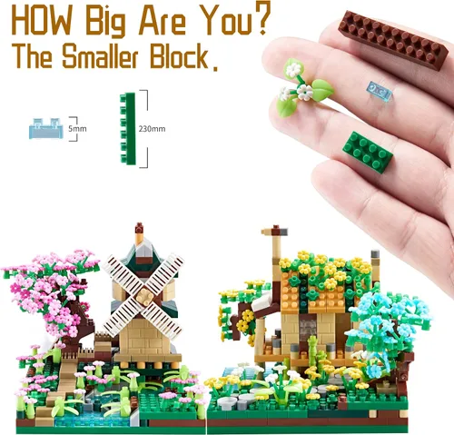 Vista 4 de Kadablk Conjunto de Construcción de Microbloques de Casa del Árbol Sakura, Conjunto de Construcción de Modelo de Molino de Viento de Amistad, 1200