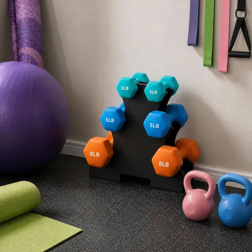 Vista 5 de Fitvids Juego de 6 mancuernas de neopreno, pesas de mano, juego con estante: 3/5/8 pares