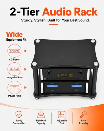 Vista 5 de Soporte para medios AV de 2 niveles, capacidad de carga de 176 libras, color negro anti-vibration feet that help reduce resonance for clearer