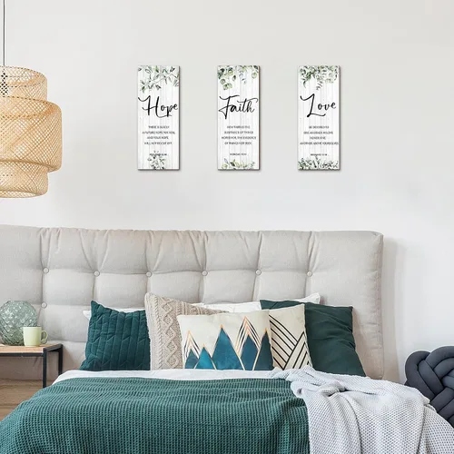 Vista 5 de 3 piezas de decoración de pared cristiana decoración de pared verde inspirador escritura escritura placa colgante rústico hojas signo cita