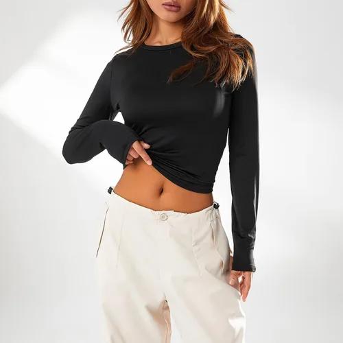 Vista 5 de Camiseta básica sexy para mujer, cuello redondo, manga larga, ajustada, color liso, ropa de calle
