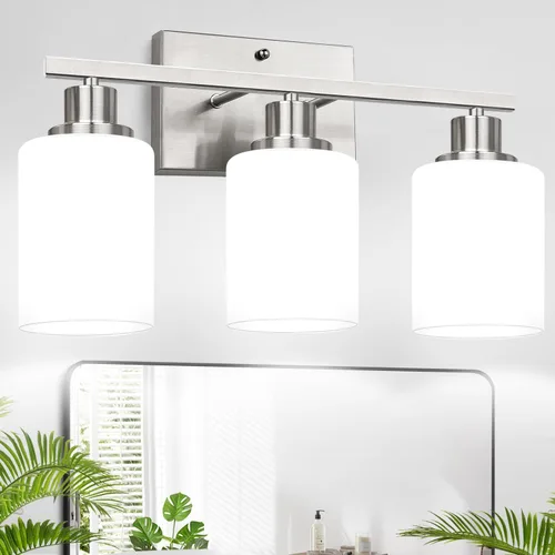 Vista 24 de MOKATNG Juego de 2 apliques de pared para baño, luces de tocador modernas negras con pantalla de vidrio blanco, lámpara de pared de baño