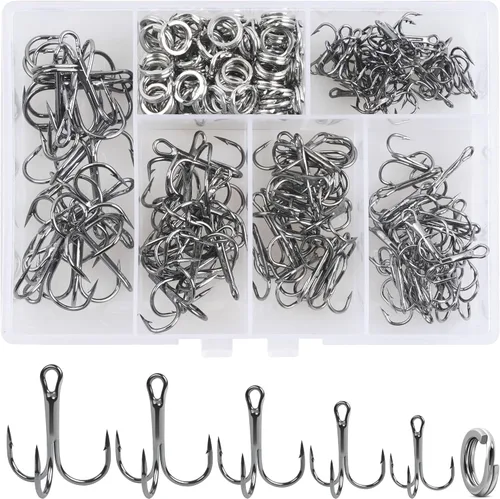 Vista 9 de Fishing Treble Hooks Kit, High Carbon Steel Treble Hook Strong Sharp Round Bend Fishing Hook Triple Fish Hook with Split Rings for Trout Hard Bait