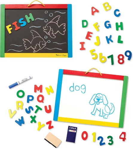 Vista 9 de Melissa & Doug Pizarra magnética y pizarra de borrado en seco con 36 imanes (números y letras mayúsculas), tiza, borrador y bolígrafo de borrado