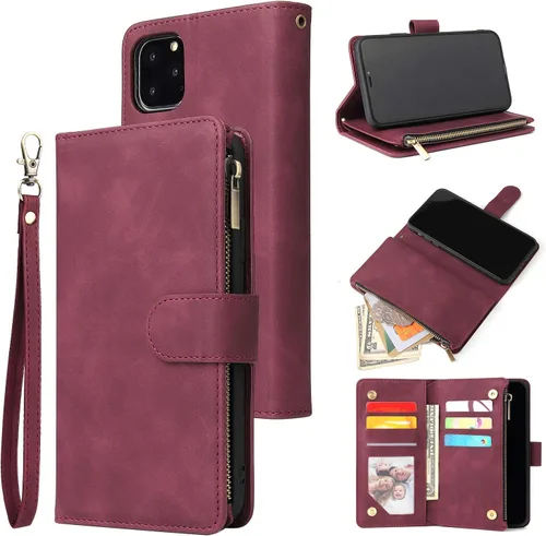 Vista 17 de UEEBAI Funda tipo cartera para iPhone 12/iPhone 12 Pro, funda de cuero PU con cierre magnético Bolso con cremallera Estuche de bolsillo con Negro