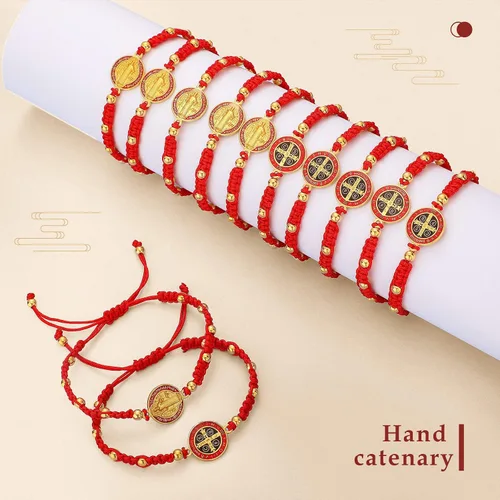 Vista 4 de 12 pulseras de San Benito hechas a mano con cordón rojo pulseras de rosario ajustables regalo de suerte para mujeres hombres niños y niñas Metal