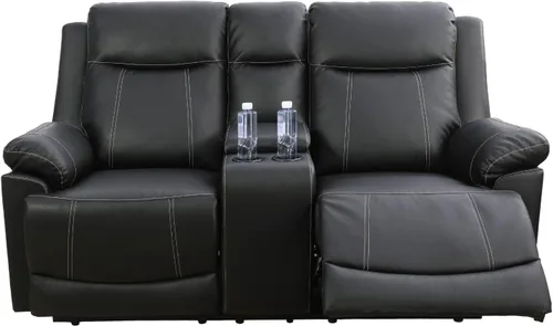Vista 6 de Juego de sofá reclinable de cuero, juego de sofá manual de cuero regenerado para sala de estar, juego de muebles de sala con consola de Negro