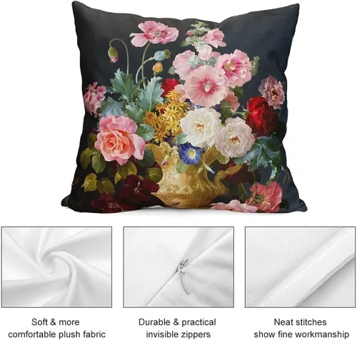 Vista 3 de Funda de cojín floral ligera de lujo, 18 x 18 pulgadas, pintura al óleo retro victoriana de doble cara, fondo negro, flor vibrante, funda de cojín