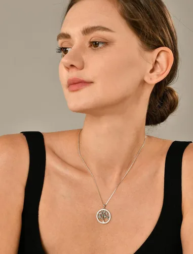 Vista 2 de YL Collar de árbol de plata de ley 925 con colgante de árbol de la vida, piedra natal redonda, halo familiar, joyería para mujer