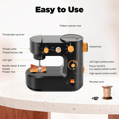 Vista 5 de Máquina de coser portátil, mini máquina de coser de 2 velocidades, kit de costura seguro y máquina de coser pequeña fácil de usar con luz LED, pedal