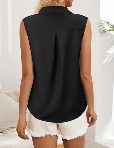 Vista 6 de HOTOUCH Blusa sin mangas con botones para mujer, cuello en V, casual, para negocios, informal, con cuello