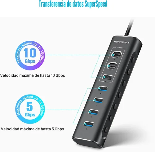 Vista 3 de Concentrador USB alimentado, concentrador USB 3.2/USB C de 7 puertos Rosonway con USB-A 3.2 de 10 Gbps, 2 USB-C 3.2, 4 puertos USB 3.0