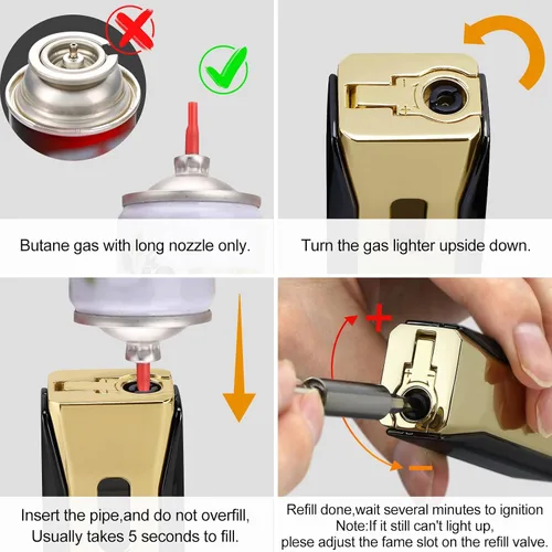 Vista 5 de Encendedor de llama triple jet con punzón y soporte, linterna multifuncional resistente al viento, encendedor de butano recargable, caja de regalo