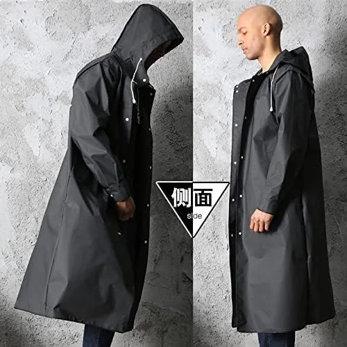 Vista 3 de Chubasquero largo impermeable con capucha para hombre, color negro, para senderismo al aire libre