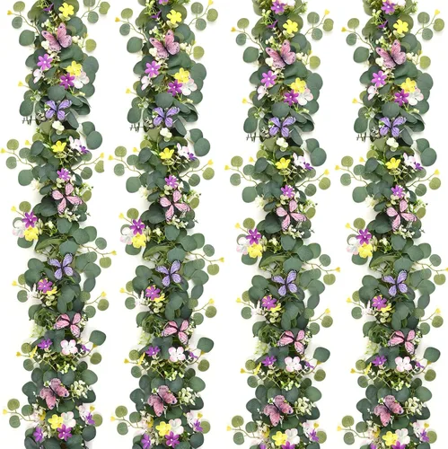 Vista 15 de Waipfaru 2 guirnaldas de eucalipto con margaritas 3D, guirnalda verde con flores, hojas de eucalipto artificiales de 5.9 pies, enredaderas