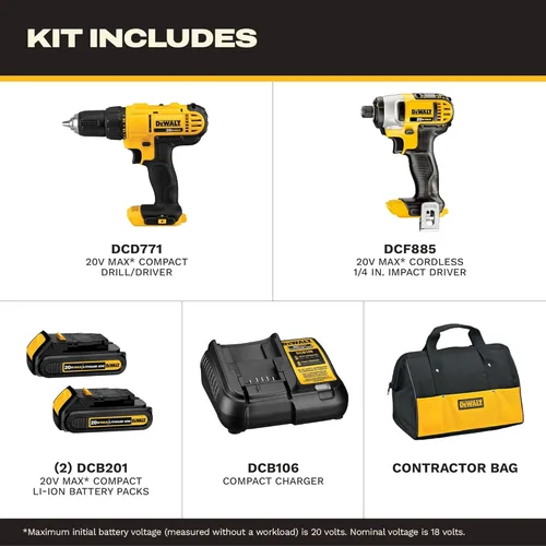 Vista 2 de DEWALT Kit de combo de perforación inalámbrico de 20V MAX, 2-Herramienta (DCK240C2)