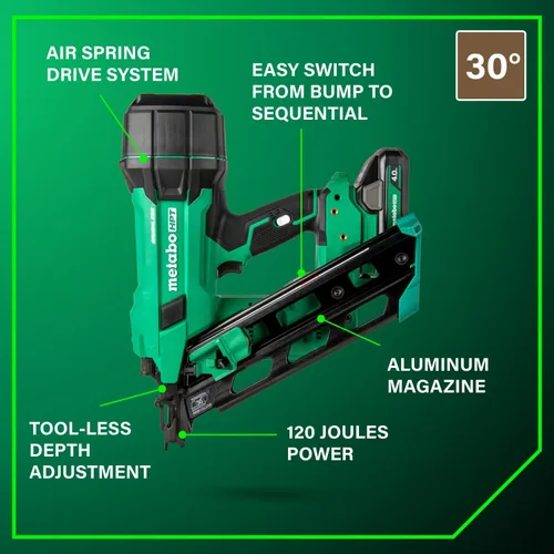 Vista 15 de Metabo HPT Kit de Clavadora de Marcos Inalámbrica MultiVolt de 18V de 30° con Cinta de Papel, Clavadora de Marcos de 3-1/2", Herramienta Eléctrica