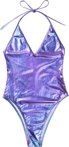 Vista 5 de YOOJIA Traje de baño con leotardo de una pieza de cuero de charol metálico brillante para mujer