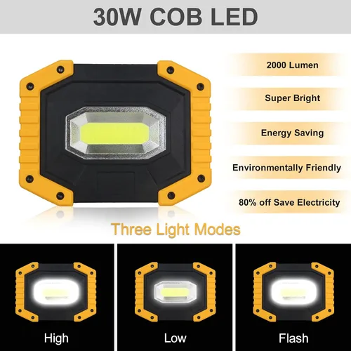 Vista 2 de T-SUN Luz de trabajo LED recargable, 30W 2000LM portátil, impermeable, paquete de 2