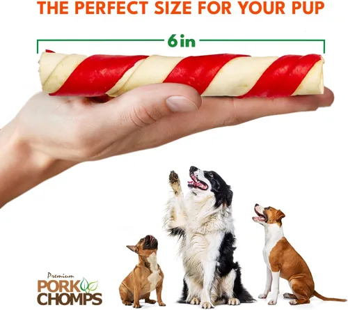 Vista 4 de Pork Chomps Masticables de piel de cerdo horneada para perros, giros de 6 pulgadas, sabores surtidos, 12 unidades Horneado con piel de cerdo real