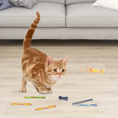 Vista 5 de Andiker 10 juguetes de tubo para gatos, malla de nailon de 5.1 pulgadas, telescópico plegable de plástico para gatos, elegante juguete multicolor