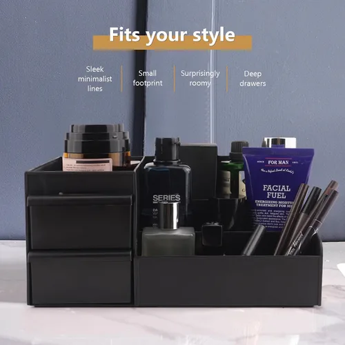 Vista 7 de Organizador de tocador negro con cajones – Caja grande de almacenamiento para hombres en encimera para colonia, cuidado de la piel, maquillaje