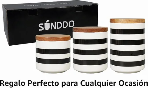 Vista 3 de Juego de 3 recipientes de cerámica Sunddo para encimera de cocina con tapa de bambú para café, azúcar y té