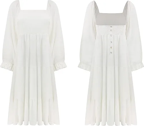 Vista 7 de R.Vivimos Vestido midi de algodón para mujer, manga larga, cuello cuadrado, casual, sin espalda, bohemio, para otoño