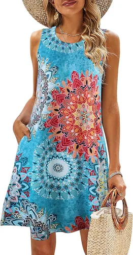 Vista 13 de SimpleFun - Vestidos de verano para mujer, camiseta floral, vestido de playa de estilo bohemio, informal, con bolsillos y sin mangas